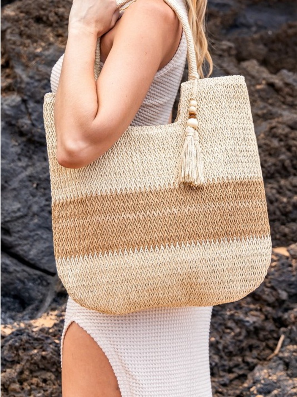 VALERIA TWO-TONE STRAW TOTE STRAW